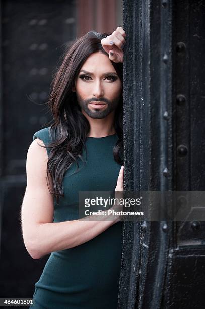 Singer Conchita Wurst aka Tom Neuwirth poses in the center of Ghent, on January 18, 2014 in Ghent, Belgium. He will be representing Austria in the...