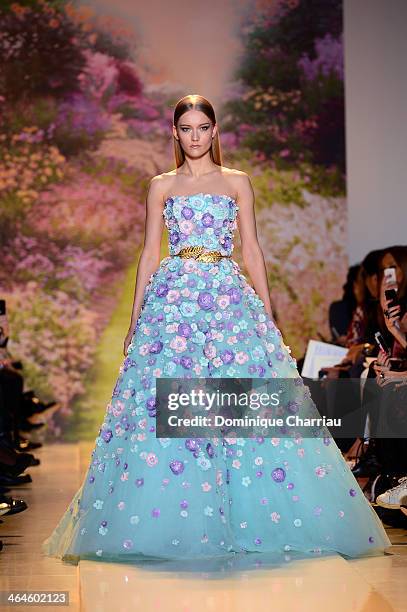 Model walks the runway during Zuhair Murad Prive show as part of Paris Fashion Week Haute Couture Spring/Summer 2014 on January 23, 2014 in Paris,...