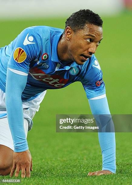 Jonathan De Guzman of Napoli in action during the UEFA Europa League Round of 32 football match between SSC Napoli and Trabzonspor AS at the San...