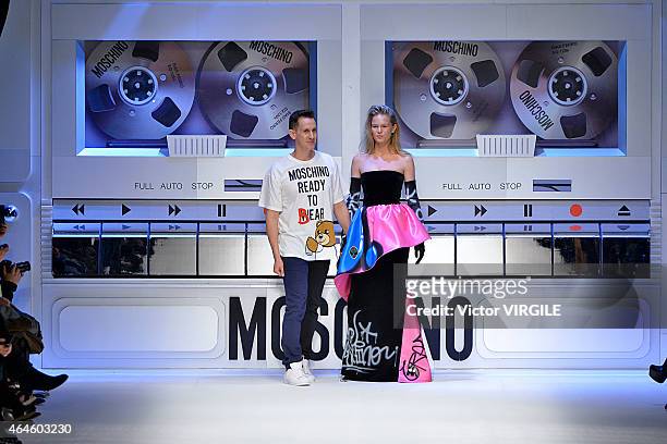 Designer Jeremy Scott walks the runway at the Moschino show during the Milan Fashion Week Autumn/Winter 2015 on February 26, 2015 in Milan, Italy.