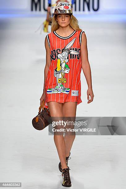 Model walks the runway at the Moschino show during the Milan Fashion Week Autumn/Winter 2015 on February 26, 2015 in Milan, Italy.