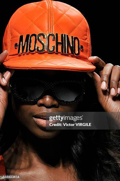 Model walks the runway at the Moschino show during the Milan Fashion Week Autumn/Winter 2015 on February 26, 2015 in Milan, Italy.