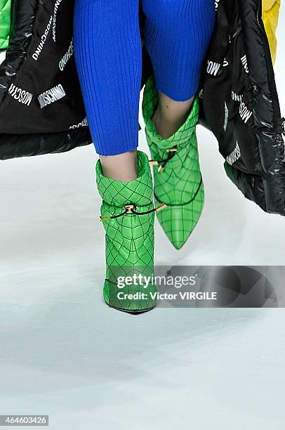 Model walks the runway at the Moschino show during the Milan Fashion Week Autumn/Winter 2015 on February 26, 2015 in Milan, Italy.