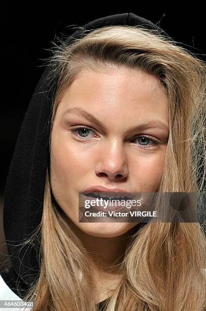 Model walks the runway at the Moschino show during the Milan Fashion Week Autumn/Winter 2015 on February 26, 2015 in Milan, Italy.