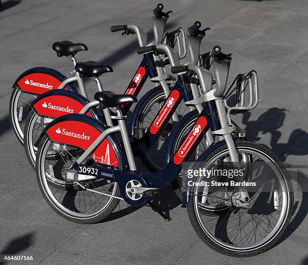Santander branded bicycles are displayed during the announcement of Santander as the new sponsor of Santander Cycles on 27, 2015 in London, England.