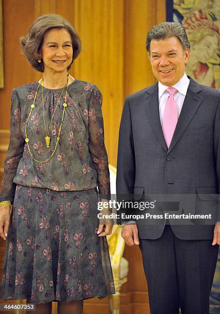 Queen Sofia of Spain and Colombia's President Juan Manuel Santos Calderon at Zarzuela Palace on January 22, 2014 in Madrid, Spain.