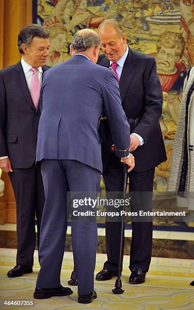 King Juan Carlos of Spain receives Colombia's President Juan Manuel Santos Calderon at Zarzuela Palace on January 22, 2014 in Madrid, Spain.