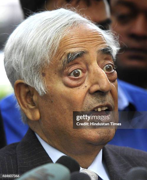 Patron Mufti Mohammad Sayeed talking to media personnel after meeting Prime Minister Narendra Modi at 7 RCR on February 27, 2015 in New Delhi, India....