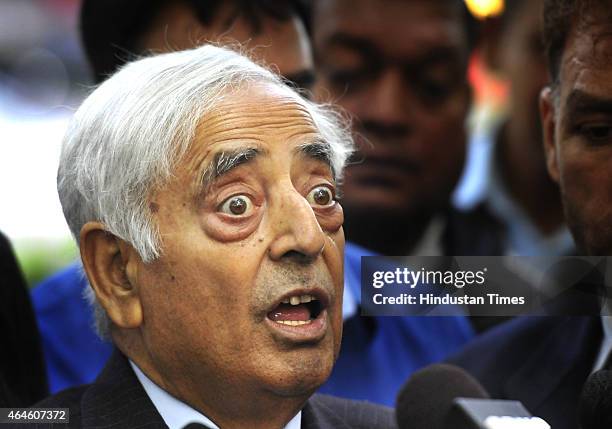 Patron Mufti Mohammad Sayeed talking to media personnel after meeting Prime Minister Narendra Modi at 7 RCR on February 27, 2015 in New Delhi, India....