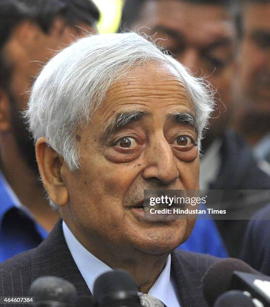Patron Mufti Mohammad Sayeed talking to media personnel after meeting Prime Minister Narendra Modi at 7 RCR on February 27, 2015 in New Delhi, India....