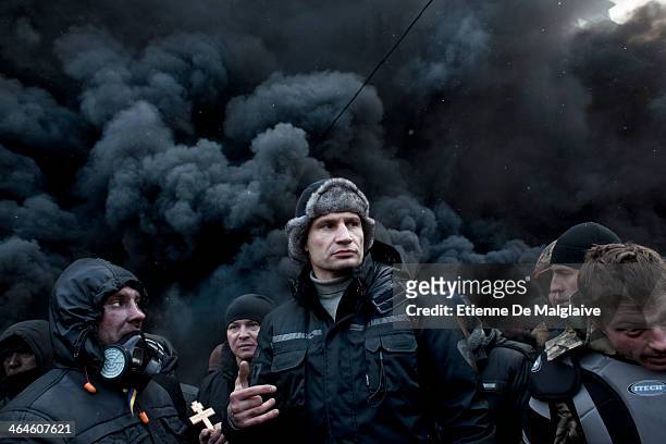 Vitali Klitschko , an opposition leader and former world champion boxer, visits the barricade on Hrushevskoho street in the morning to address...
