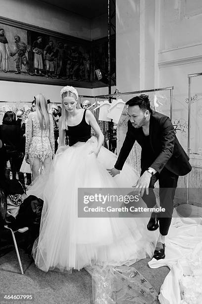 Model backstage before the Zuhair Murad show as part of Paris Fashion Week Haute-Couture Spring/Summer 2014 at Palais des Beaux-Arts on January 23,...