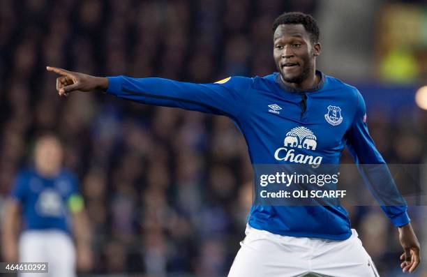 Everton's Belgian striker Romelu Lukaku gestures during the UEFA Europa League round of 32 second leg football match between Everton FC and BSC Young...