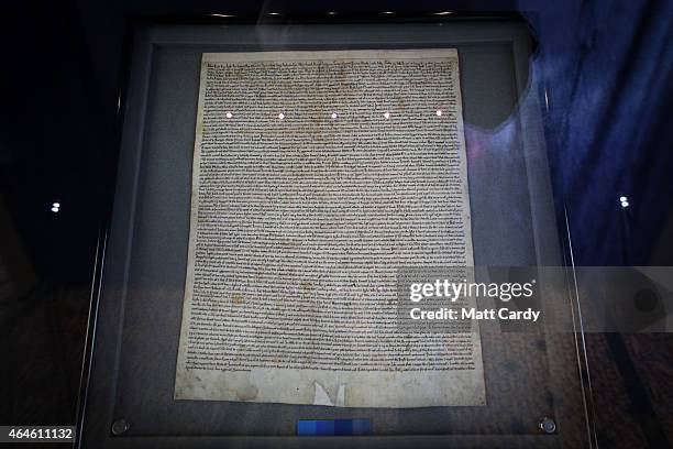 The Magna Carta in Salisbury Cathedral's Cloisters and Chapter House is seen on February 27, 2015 in Salisbury, England. To celebrate the 800th...