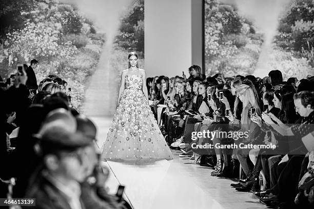 Model walks the runway during the Zuhair Murad show as part of Paris Fashion Week Haute-Couture Spring/Summer 2014 at Palais des Beaux-Arts on...