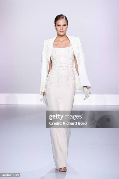 Model walks the runway during the Ralph & Russo show as part of Paris Fashion Week Haute Couture Spring/Summer 2014 on January 23, 2014 in Paris,...