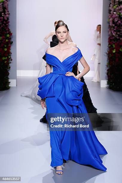 Models walk the runway during the Ralph & Russo show finale as part of Paris Fashion Week Haute Couture Spring/Summer 2014 on January 23, 2014 in...
