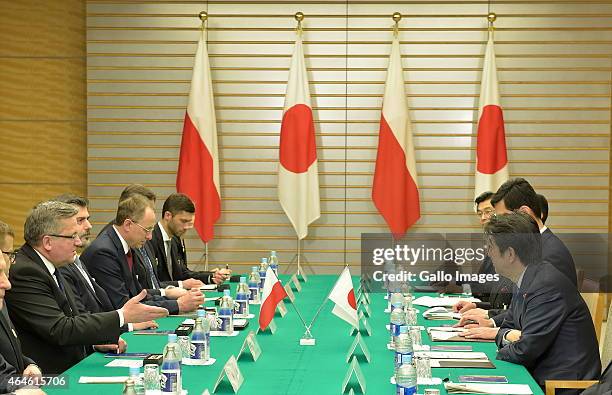 President Bronislaw Komorowski and Prime Minister Shinzo Abe attend the Summit Meeting on February 27, 2015 at the Prime Minister's Official...