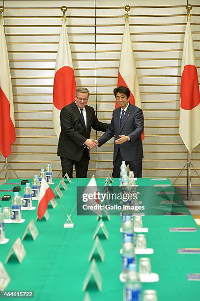 President Bronislaw Komorowski and Prime Minister Shinzo Abe attend the Summit Meeting on February 27, 2015 at the Prime Minister's Official...