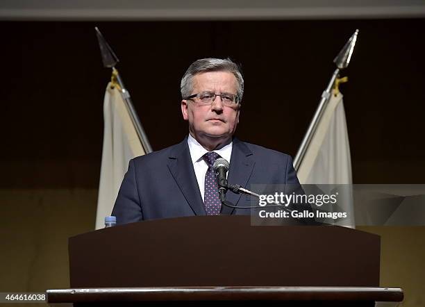 President Bronislaw Komorowski speaks at the Economic Forum between Poland and Japan during his state visit on February 26, 2015 at Palace Hotel in...