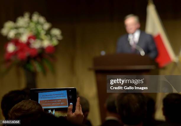 President Bronislaw Komorowski speaks at the Economic Forum between Poland and Japan during his state visit on February 26, 2015 at Palace Hotel in...