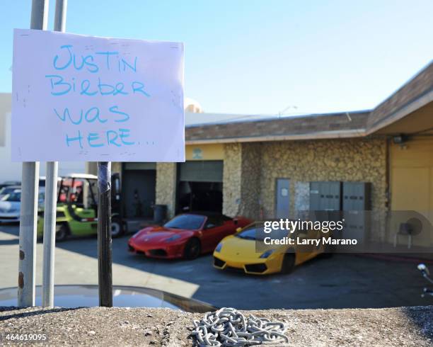 Ferrari and Lamborghini cars believed to have been used by Justin Bieber during his road racing before he was arrested sit in an impound lot on...