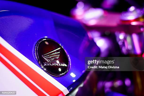 Honda badge sits on the fuel tank of the new Honda RCV1000R MotoGP bike for the upcoming season of Czech rider Karel Abraham of Cardion AB Motoracing...