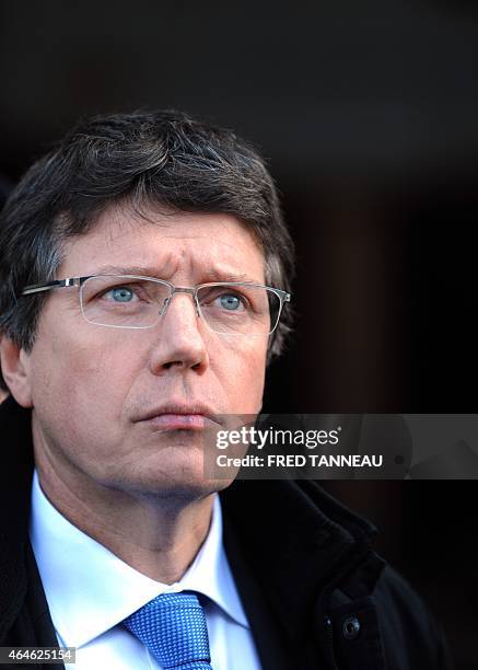 Of Piriou Shipyards Pascal Piriou looks on during a visit of French Defence minister Jean-Yves Le Drian in the Piriou shipyards February 27, 2015 in...