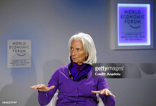 Christine Lagarde , Managing Director of International Monetary Fund and World Economic Forum Foundation Board Member gestures during the interview...