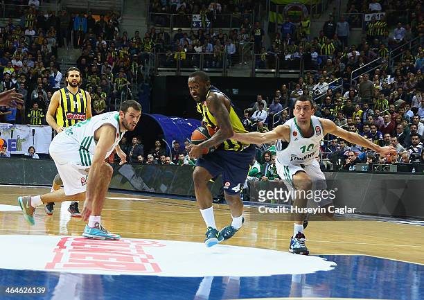 Bo McCalebb, #4 of Fenerbahce Ulker Istanbul competes with Roko Ukic, #10 of Panathinaikos Athens in action during the 2013-2014 Turkish Airlines...