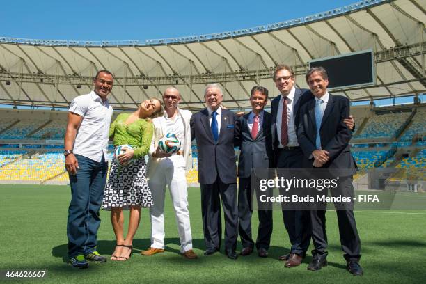 Brazilian former player Cafu, Brazilian singer Claudia Leitte, American rapper Pitbull, President of LOC 2014 Jose Maria Marin, LOC Member Bebeto,...