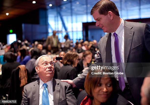 Boston Convention Center - Boston Mayor Marty Walsh greeted former mayor Thomas M. Menino, who sat in the general audience and not on stage at the...