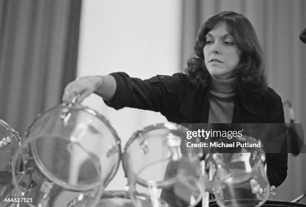 American singer and drummer Karen Carpenter , of pop duo The Carpenters, performing in Frankfurt, West Germany, 16th February 1974.