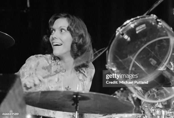 American singer and drummer Karen Carpenter , of pop duo The Carpenters, performing on a European tour, February 1974.