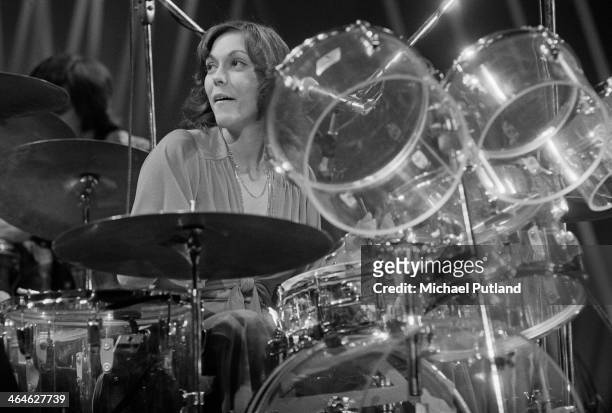 American singer and drummer Karen Carpenter , of pop duo The Carpenters, performing in, Amsterdam, Netherlands, February 1974.