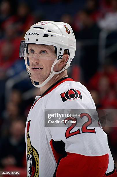 Erik Condra of the Ottawa Senators waits for a face-off during the game against the Washington Capitals at Verizon Center on January 21, 2014 in...