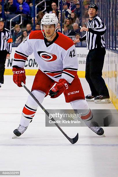 Brett Sutter of the Carolina Hurricanes skates after the puck during the game against the Columbus Blue Jackets on January 10, 2014 at Nationwide...