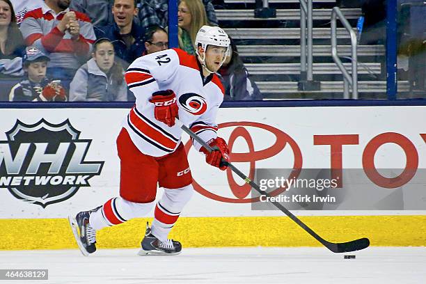 Brett Sutter of the Carolina Hurricanes controls the puck during the game against the Columbus Blue Jackets on January 10, 2014 at Nationwide Arena...