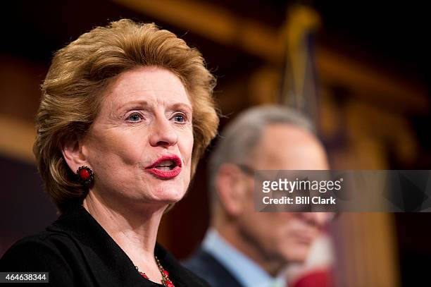 Sen. Debbie Stabenow, D-Mich., speaks during the Senate Democrats' news conference to urge Speaker Boehner bring the fully funded DHS bill up for a...