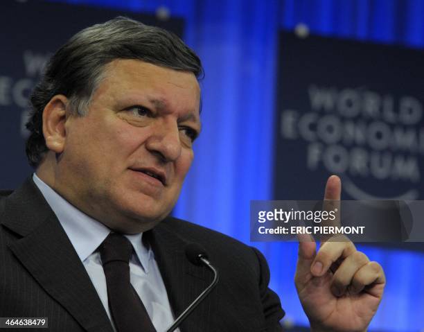 European Commission President Jose Manuel Barroso talks during a session at the World Economic Forum in Davos on January 23, 2014. Some 40 world...