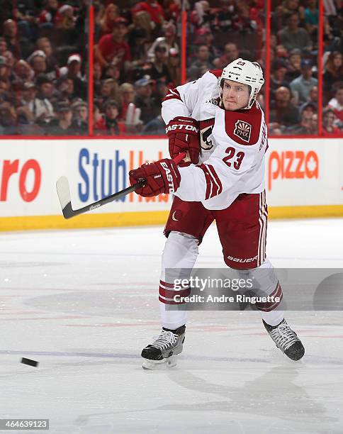 Oliver Ekman-Larsson of the Phoenix Coyotes skates against the Ottawa Senators at Canadian Tire Centre on December 21, 2013 in Ottawa, Ontario,...