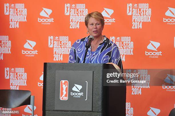 Ann Meyers Drysdale, Vice President of the Phoenix Mercury addresses the media during the announcement of the Boost Mobile WNBA All Star 2014 Game at...