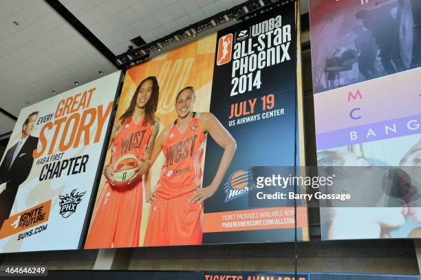 Brittney Griner and Diana Taurasi are the faces of the 2014 Boost Mobile WNBA All-Star Game at the US Airway Center in Phoenix on July 19, 2014....