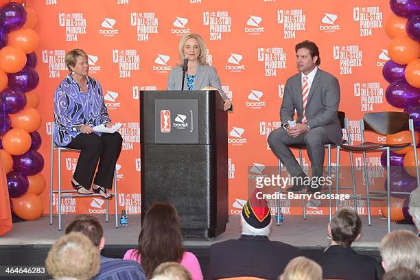 Nicole Stanton, The First Lady of Phoenix addresses the media during the announcement of the Boost Mobile WNBA All Star 2014 Game at the US Airway...
