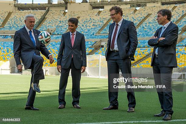 President of LOC 2014 Jose Maria Marin kicks the ball with LOC Member Bebeto, FIFA Secretary General Jerome Valcke and Brazilian Deputy Sports...