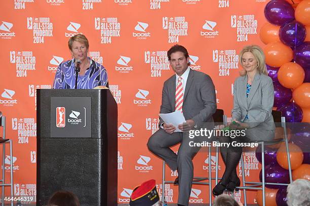 Ann Meyers Drysdale, Vice President of the Phoenix Mercury addresses the media during the announcement of the Boost Mobile WNBA All Star 2014 Game at...