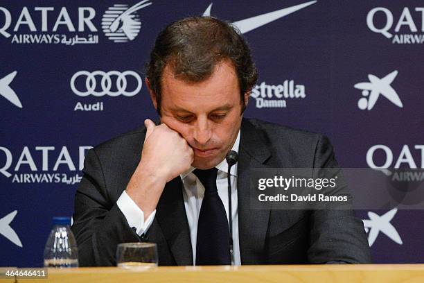 President Sandro Rosell looks down during the press conference announcing his resgination as FCB president on January 23, 2014 in Barcelona, Spain....