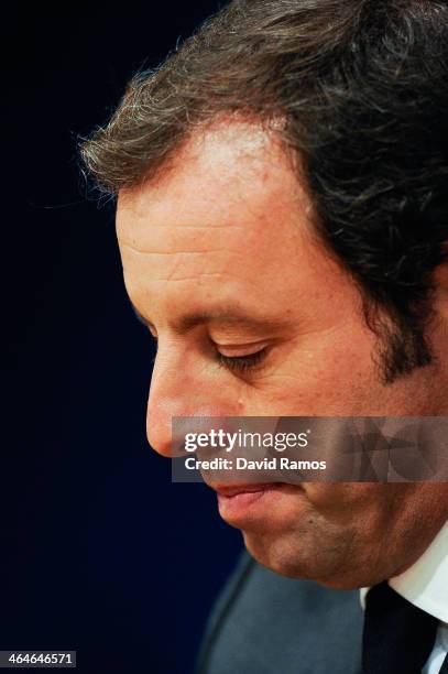 President Sandro Rosell looks down during the press conference announcing his resgination as FCB president on January 23, 2014 in Barcelona, Spain....