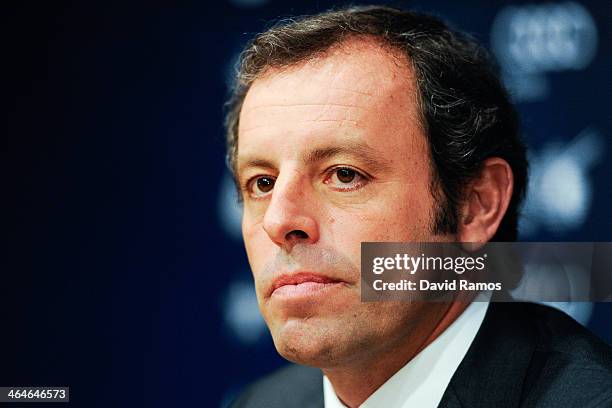 President Sandro Rosell looks on during the press conference announcing his resgination as FCB president on January 23, 2014 in Barcelona, Spain. FCB...