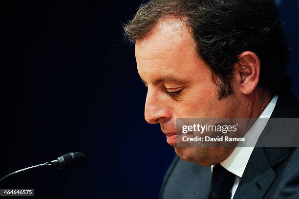 President Sandro Rosell looks down during the press conference announcing his resgination as FCB president on January 23, 2014 in Barcelona, Spain....